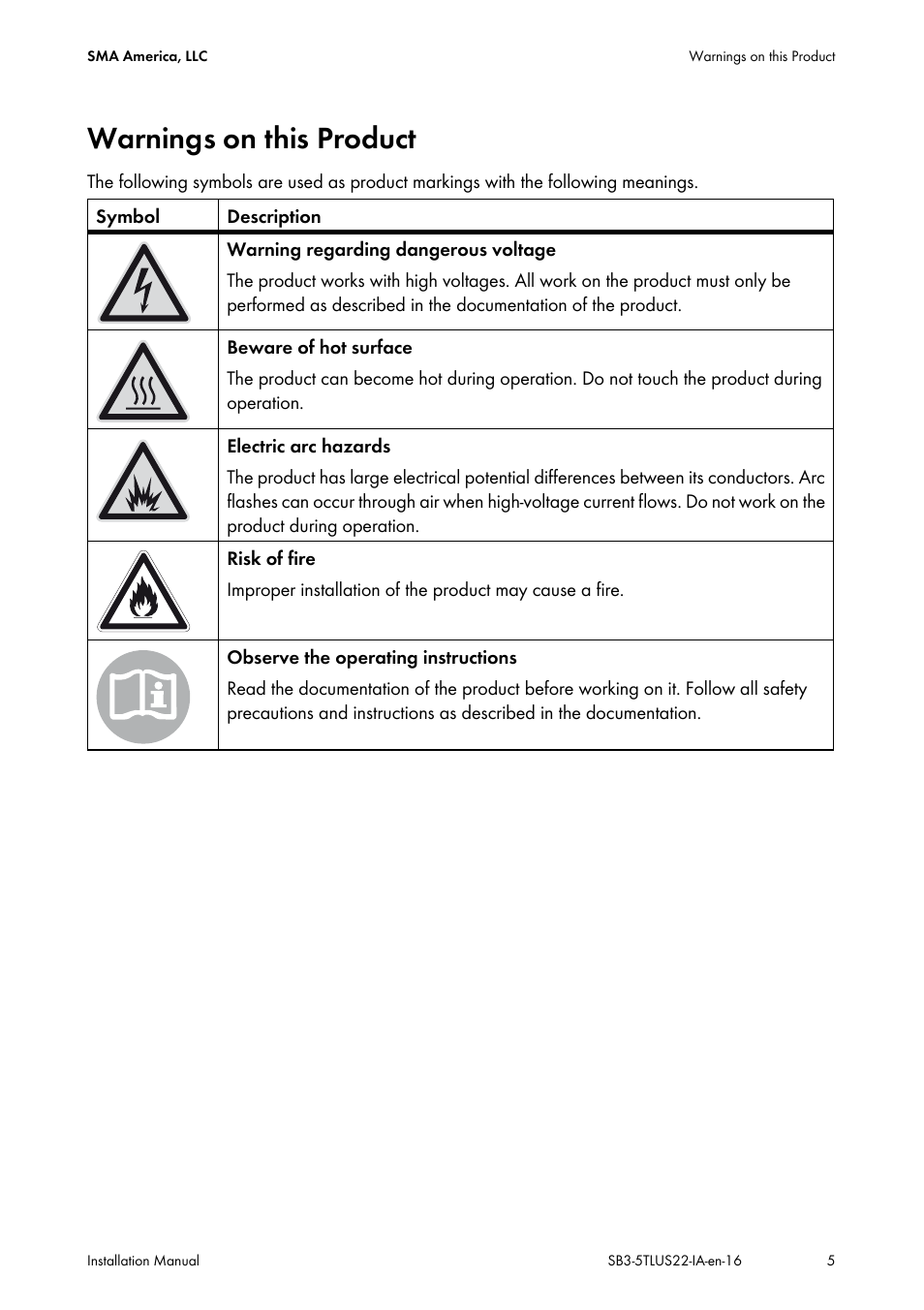 Warnings on this product | SMA SB 3000TL-US Installation User Manual | Page 5 / 96