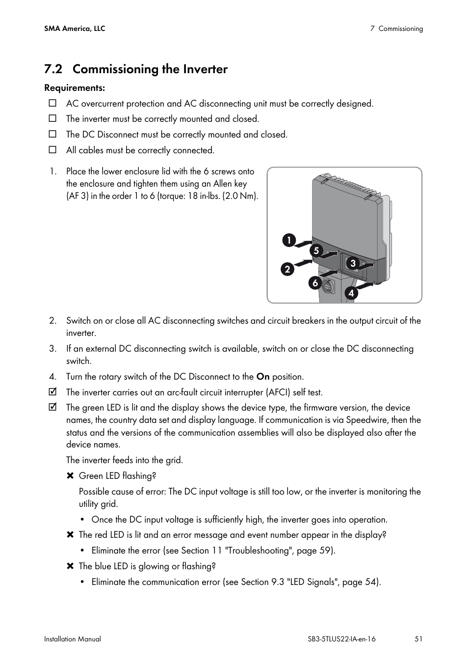 2 commissioning the inverter | SMA SB 3000TL-US Installation User Manual | Page 51 / 96
