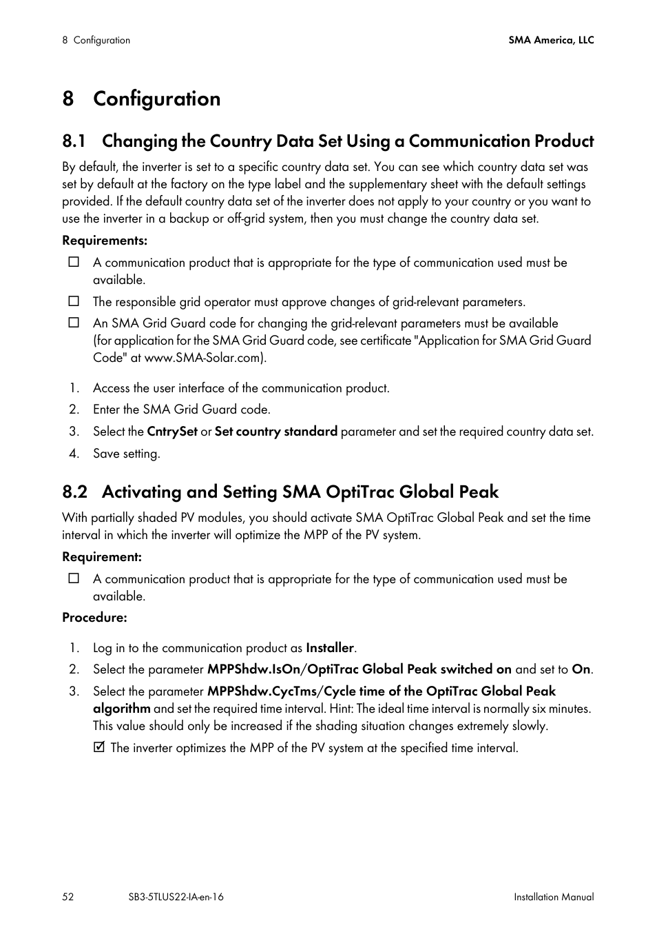 8 configuration, 2 activating and setting sma optitrac global peak | SMA SB 3000TL-US Installation User Manual | Page 52 / 96