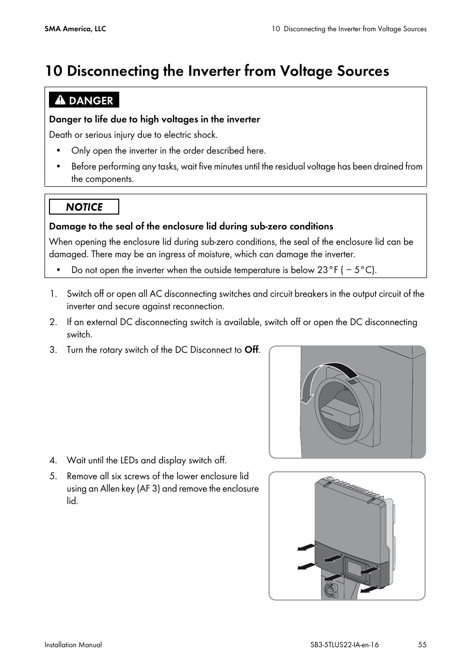 10 disconnecting the inverter from voltage sources | SMA SB 3000TL-US Installation User Manual | Page 55 / 96