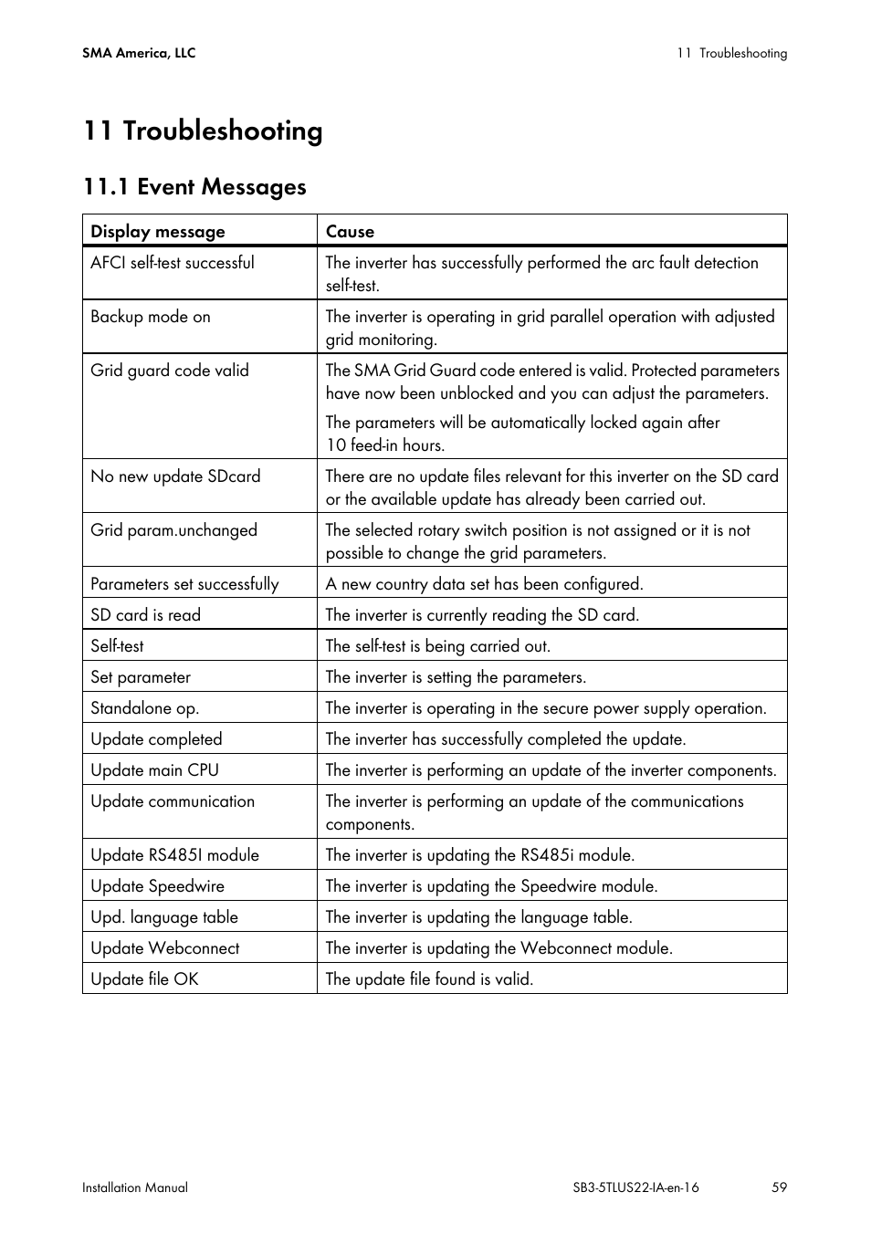 11 troubleshooting, 1 event messages | SMA SB 3000TL-US Installation User Manual | Page 59 / 96