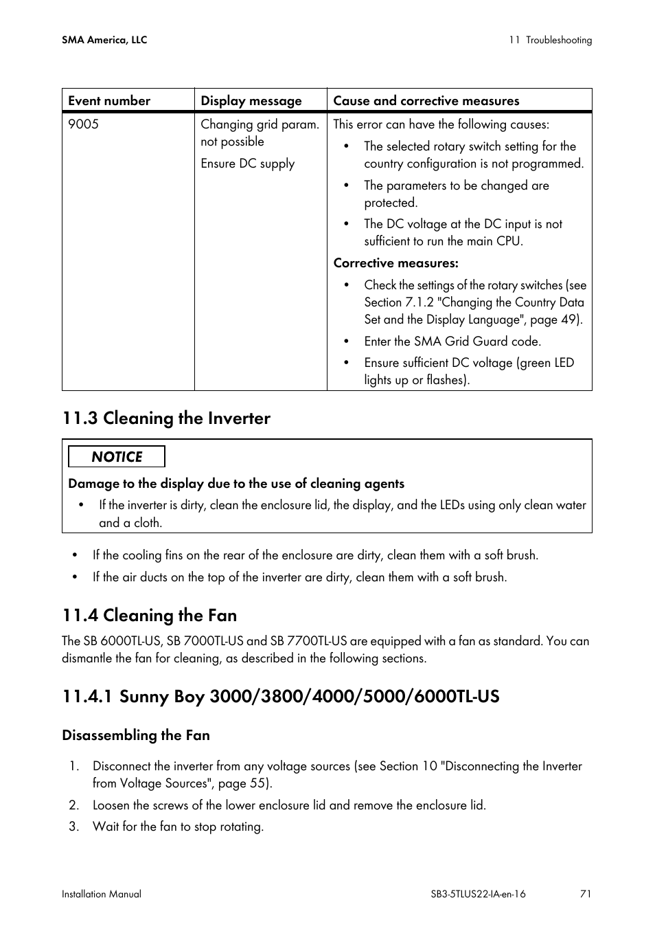 3 cleaning the inverter, 4 cleaning the fan, 1 sunny boy 3000/3800/4000/5000/6000tl-us | SMA SB 3000TL-US Installation User Manual | Page 71 / 96