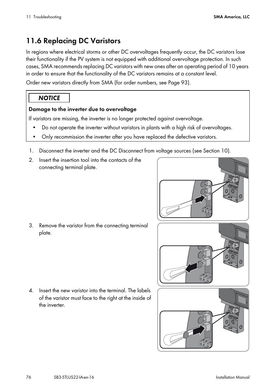6 replacing dc varistors | SMA SB 3000TL-US Installation User Manual | Page 76 / 96
