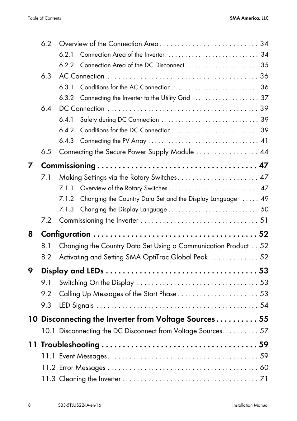 7 commissioning, 8 configuration, 9 display and leds | 10 disconnecting the inverter from voltage sources, 11 troubleshooting | SMA SB 3000TL-US Installation User Manual | Page 8 / 96