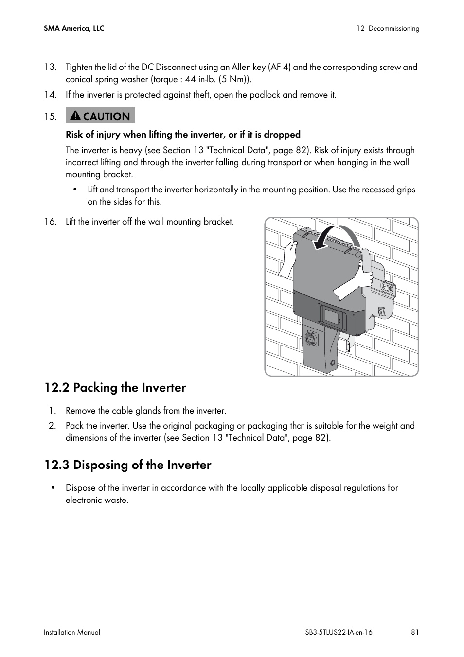 2 packing the inverter, 3 disposing of the inverter | SMA SB 3000TL-US Installation User Manual | Page 81 / 96