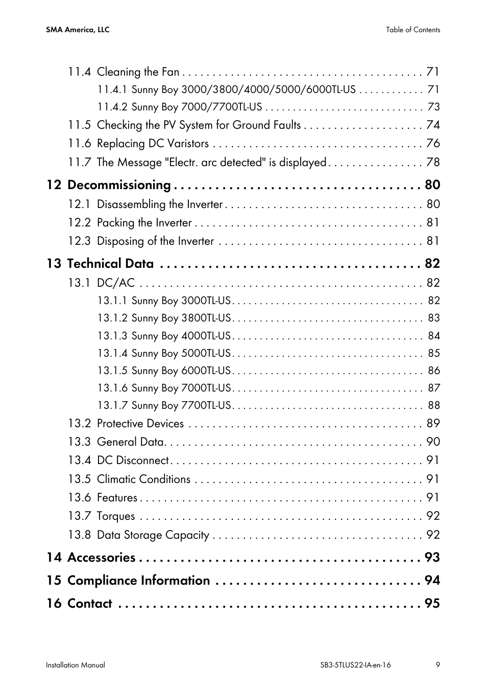 12 decommissioning, 13 technical data | SMA SB 3000TL-US Installation User Manual | Page 9 / 96