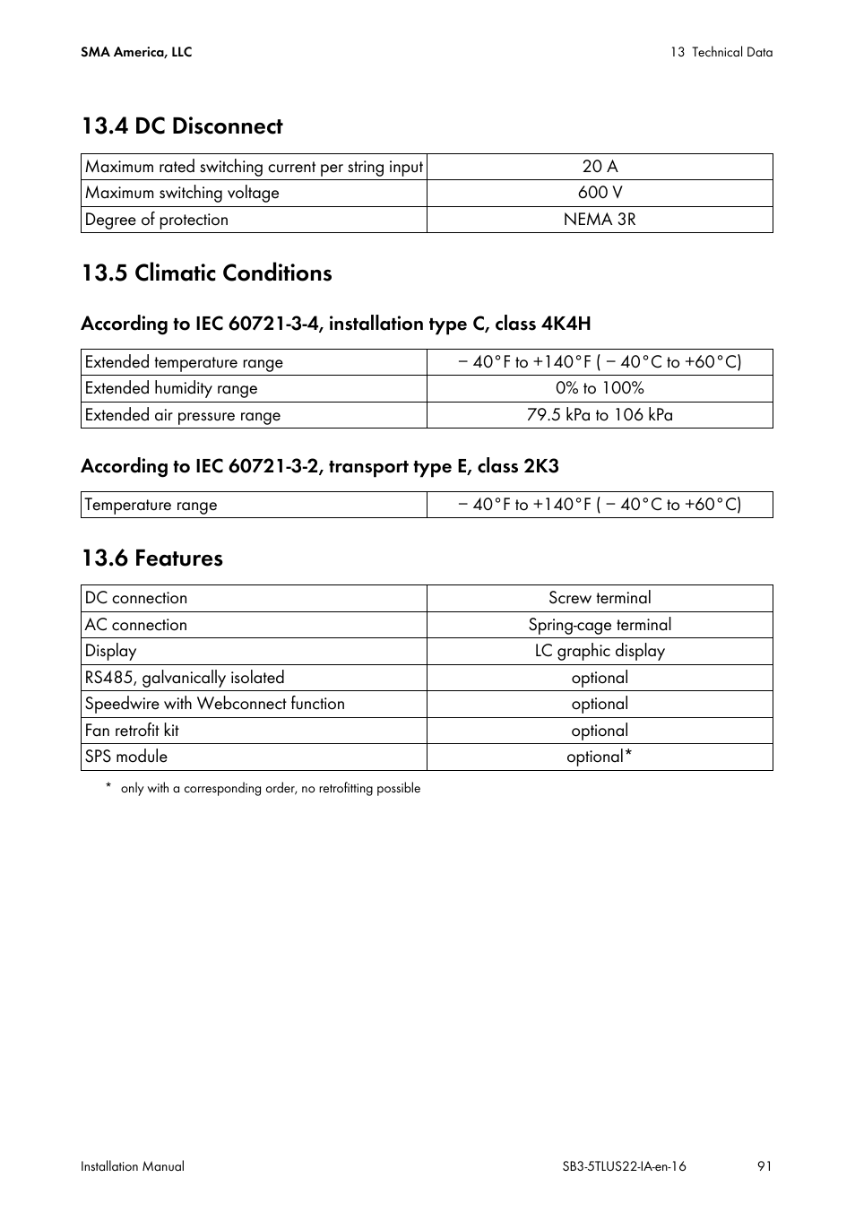 4 dc disconnect, 5 climatic conditions, 6 features | 4 dc disconnect 13.5 climatic conditions | SMA SB 3000TL-US Installation User Manual | Page 91 / 96