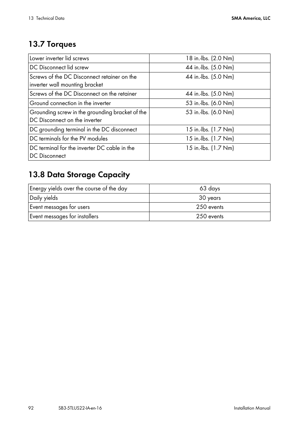 7 torques, 8 data storage capacity, 7 torques 13.8 data storage capacity | SMA SB 3000TL-US Installation User Manual | Page 92 / 96