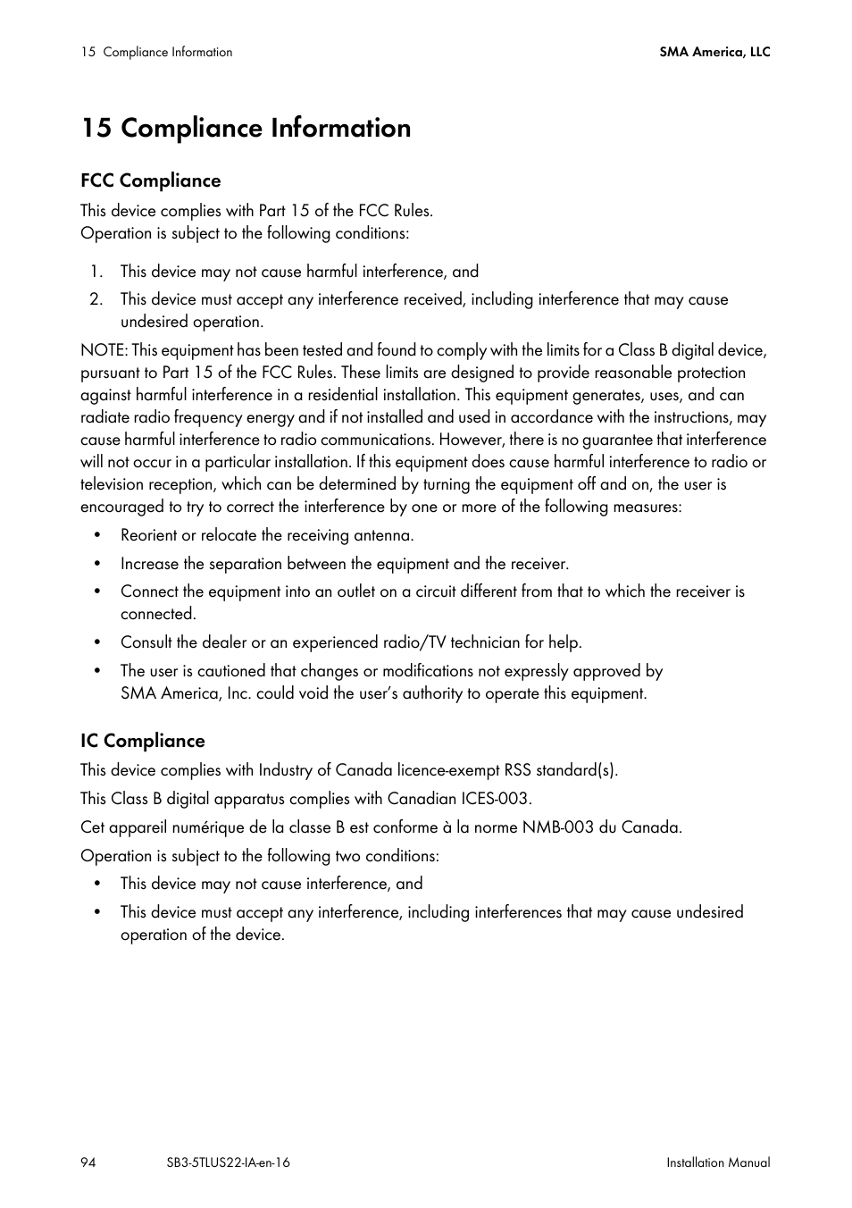 15 compliance information | SMA SB 3000TL-US Installation User Manual | Page 94 / 96