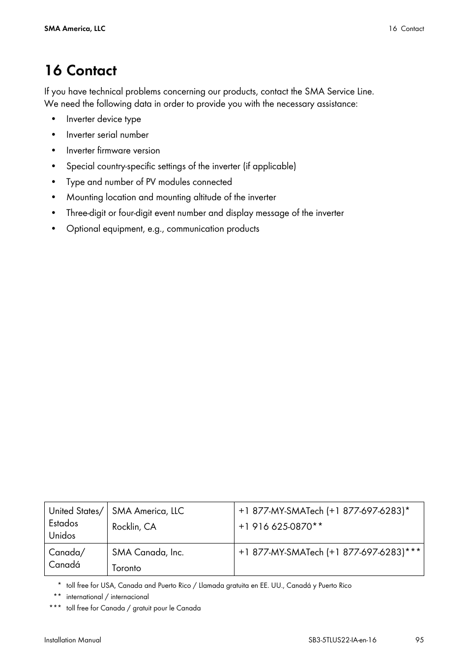 16 contact | SMA SB 3000TL-US Installation User Manual | Page 95 / 96