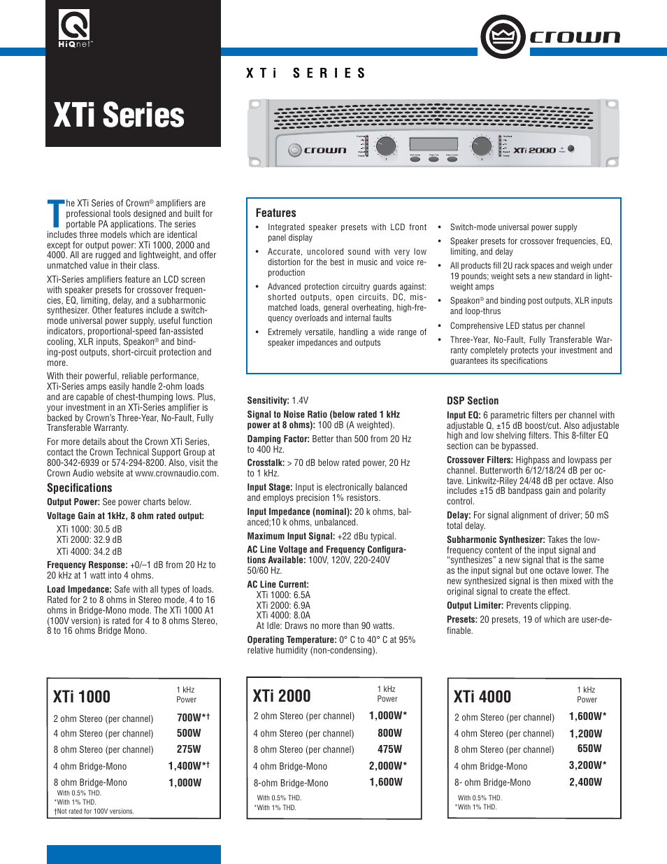 Crown Audio XTi 1000 User Manual | 2 pages