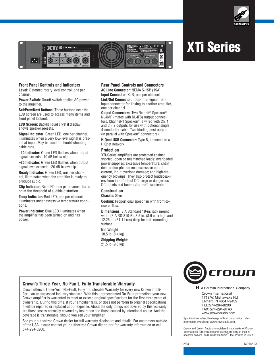 Xti series | Crown Audio XTi 1000 User Manual | Page 2 / 2