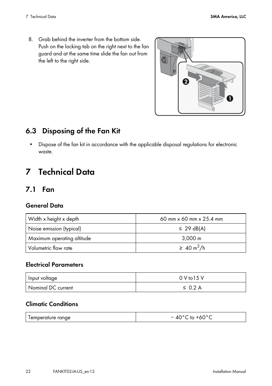 3 disposing of the fan kit, 7 technical data, 1 fan | SMA FANKIT02-10 User Manual | Page 22 / 24