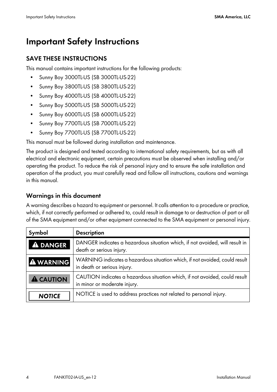 Important safety instructions | SMA FANKIT02-10 User Manual | Page 4 / 24