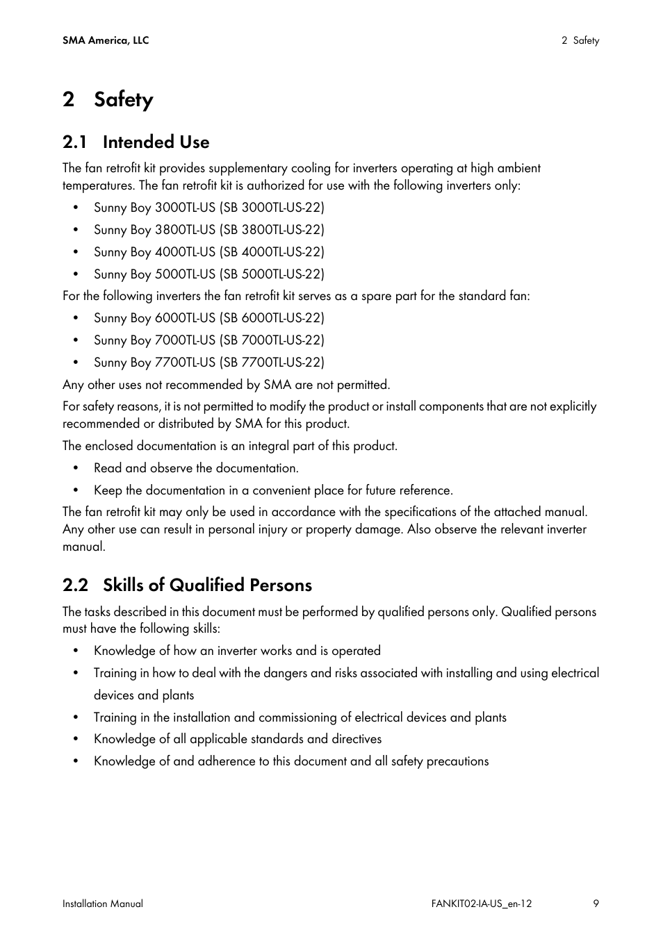 2 safety, 1 intended use, 2 skills of qualified persons | 1 intended use 2.2 skills of qualified persons | SMA FANKIT02-10 User Manual | Page 9 / 24