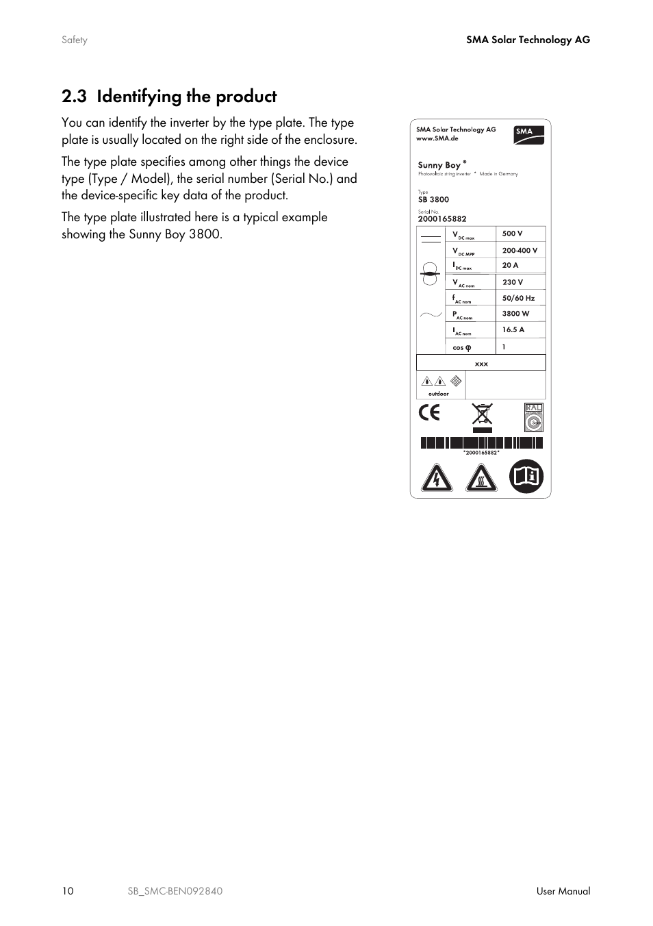 3 identifying the product, Identifying the product | SMA SUNNY BOY User Manual | Page 10 / 48
