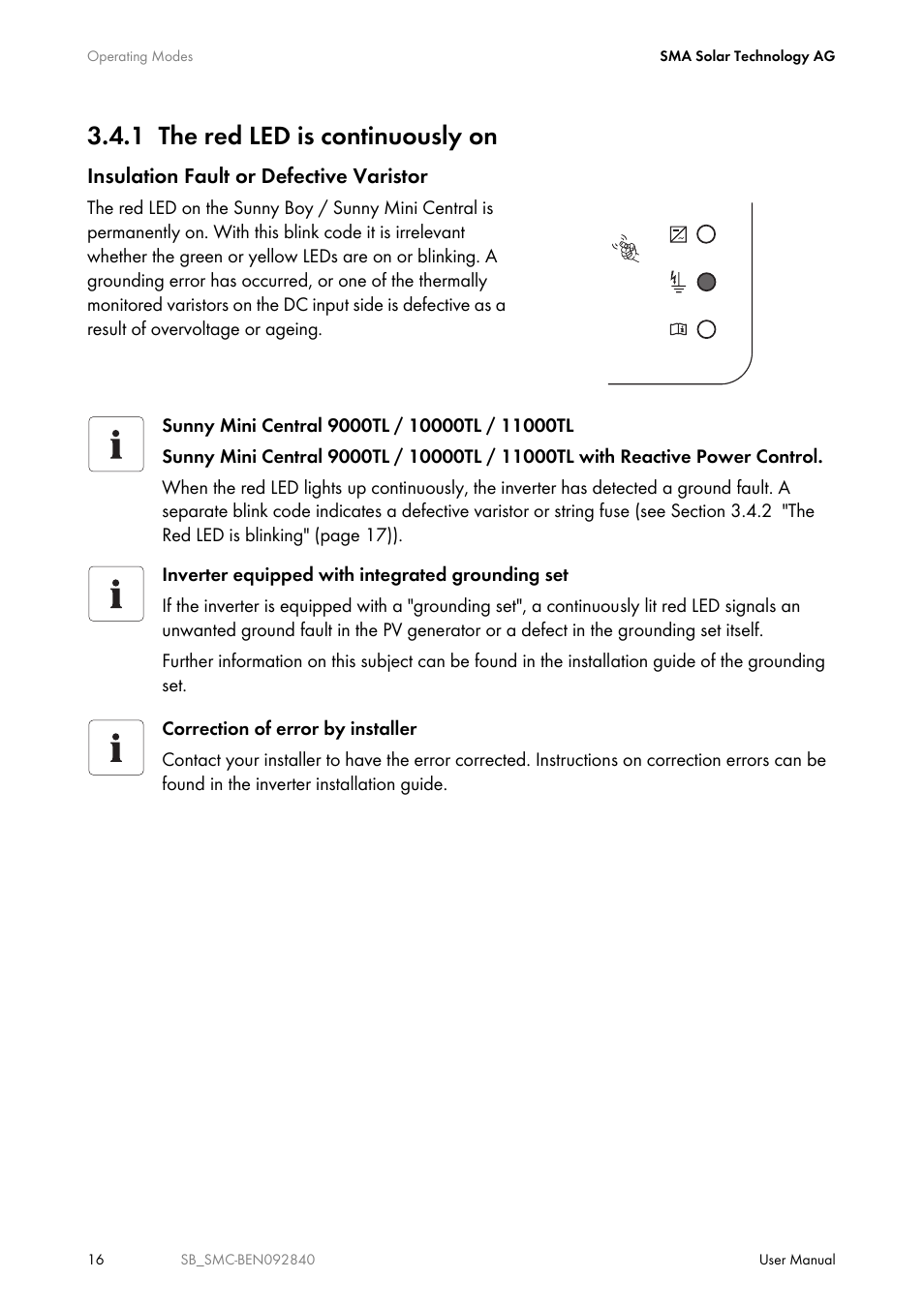 1 the red led is continuously on, The red led is continuously on, Insulation fault or defective varistor | SMA SUNNY BOY User Manual | Page 16 / 48