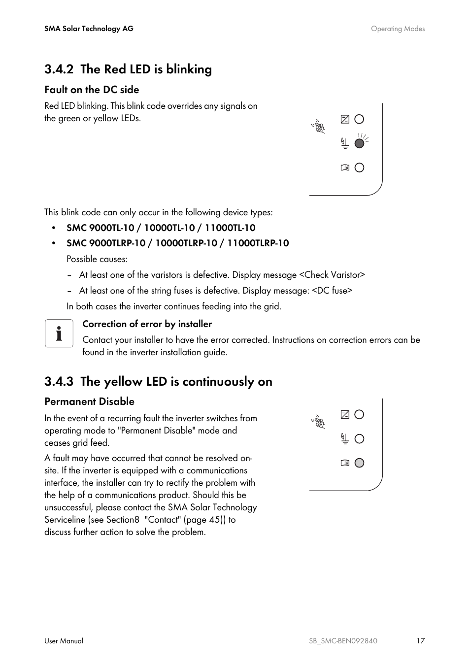 2 the red led is blinking, 3 the yellow led is continuously on, The red led is blinking | The yellow led is continuously on | SMA SUNNY BOY User Manual | Page 17 / 48