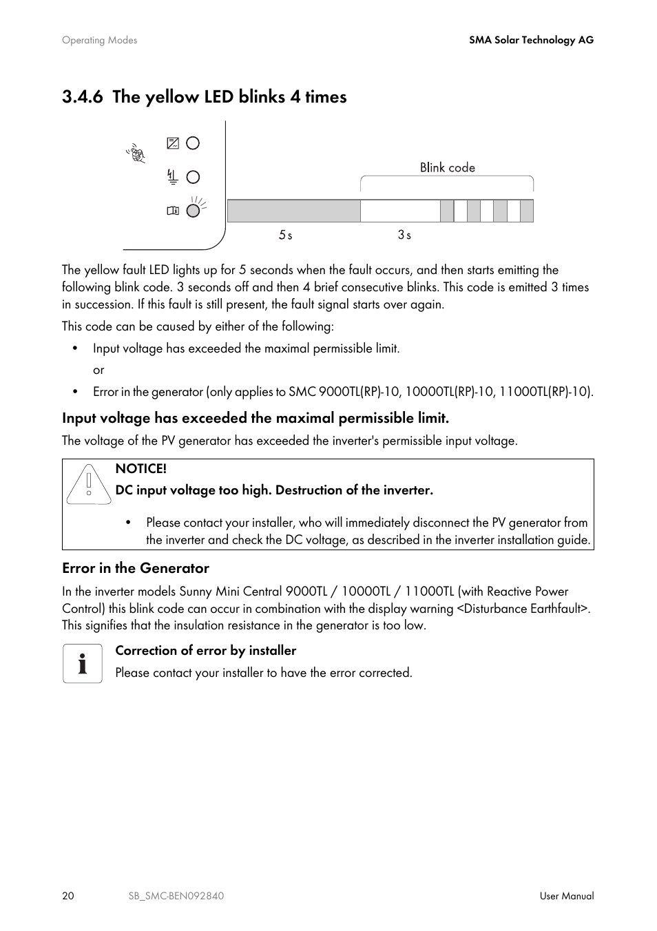 6 the yellow led blinks 4 times, The yellow led blinks 4 times | SMA SUNNY BOY User Manual | Page 20 / 48