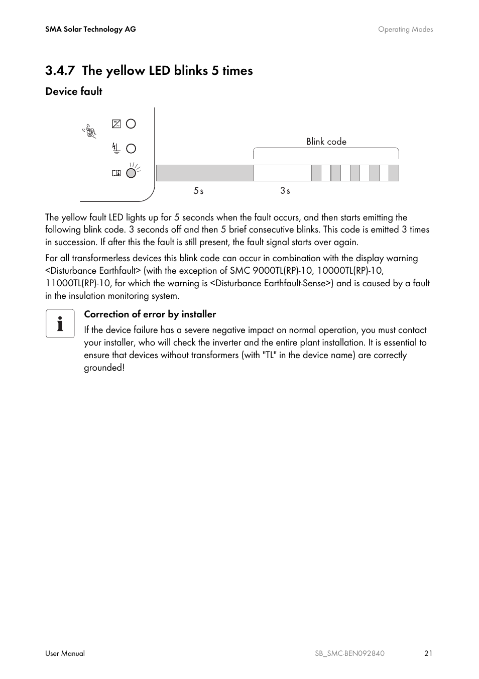 7 the yellow led blinks 5 times, The yellow led blinks 5 times, Device fault | SMA SUNNY BOY User Manual | Page 21 / 48