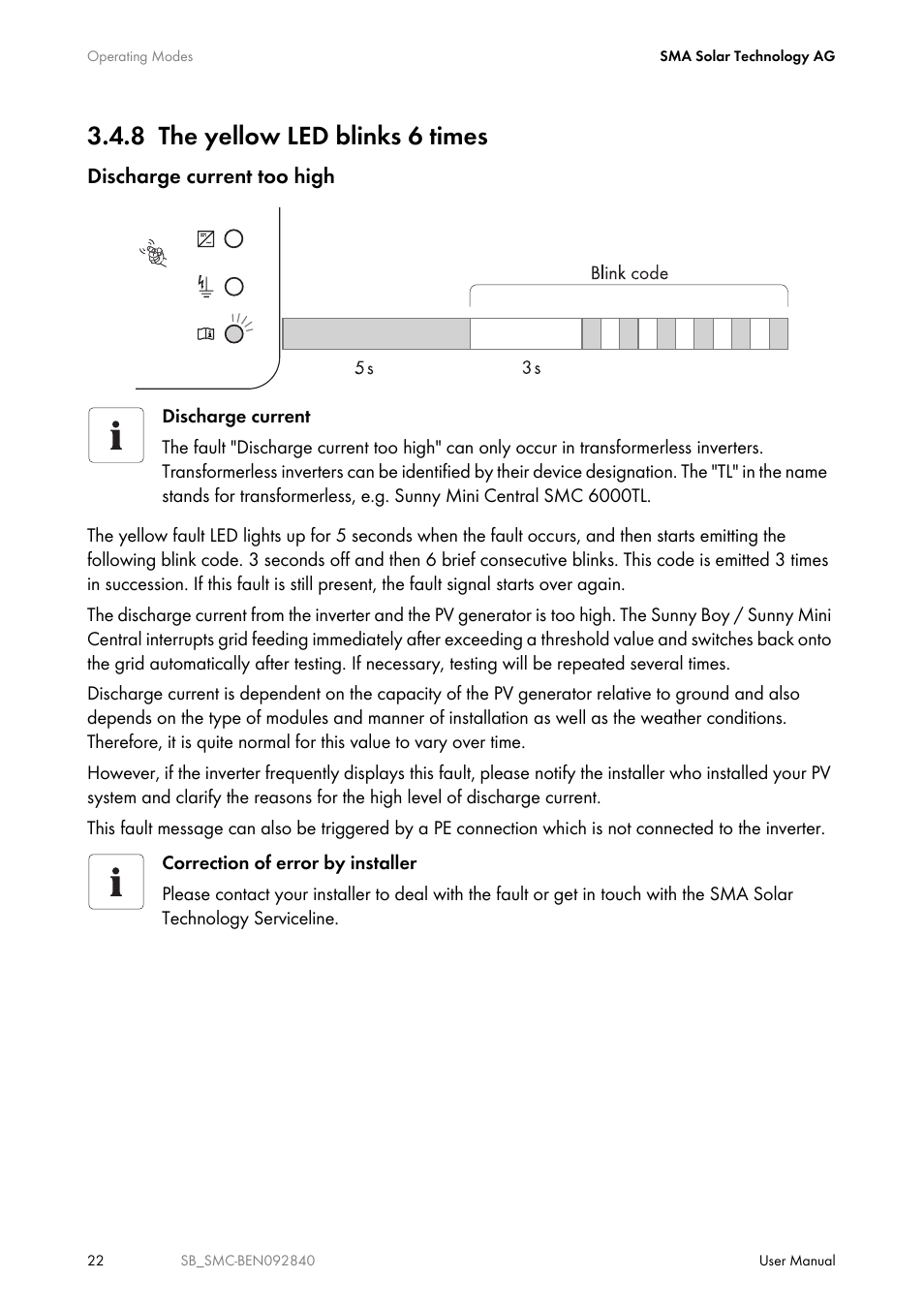 8 the yellow led blinks 6 times, The yellow led blinks 6 times, Discharge current too high | SMA SUNNY BOY User Manual | Page 22 / 48