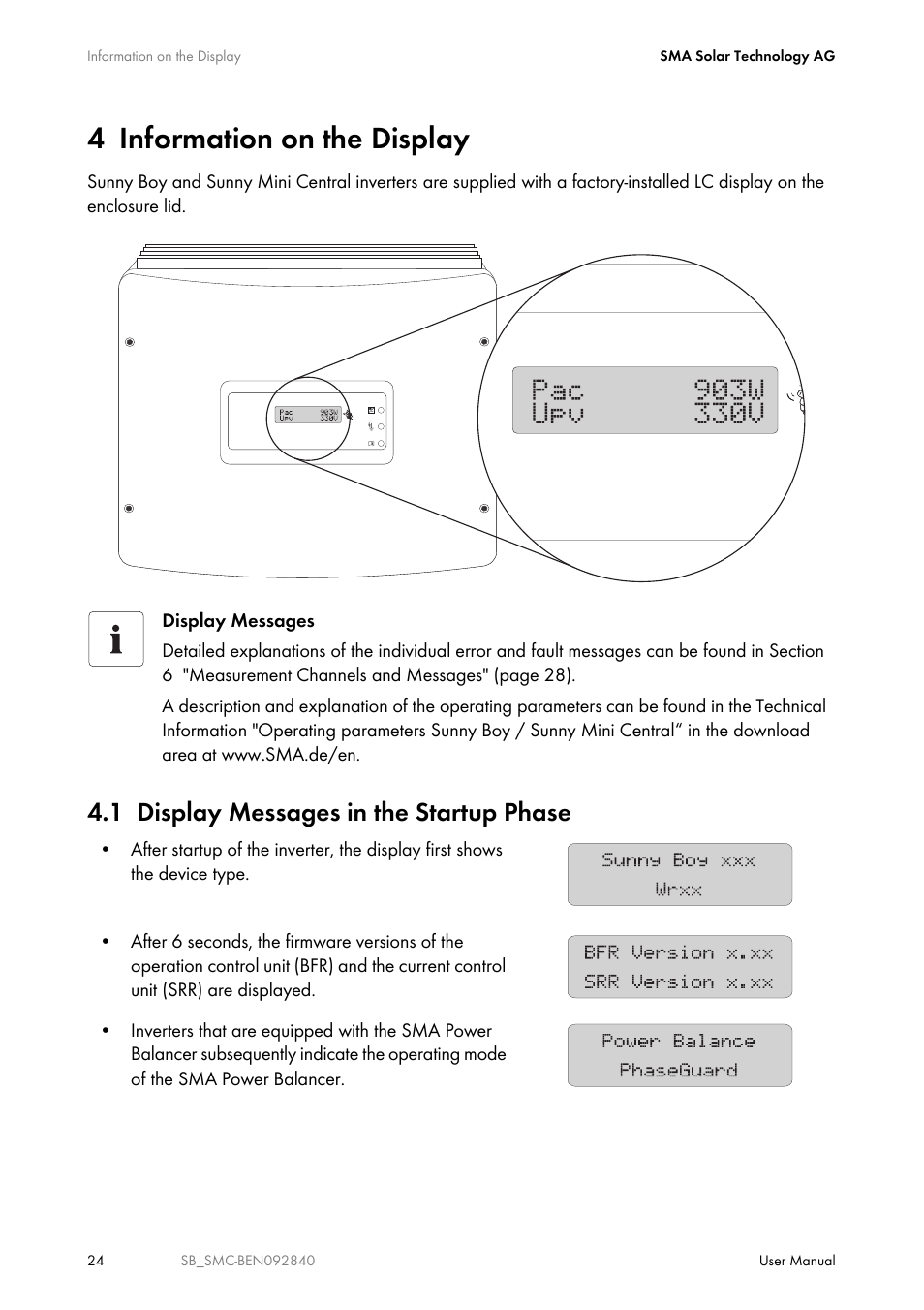 4 information on the display, 1 display messages in the startup phase, Information on the display | Display messages in the startup phase | SMA SUNNY BOY User Manual | Page 24 / 48