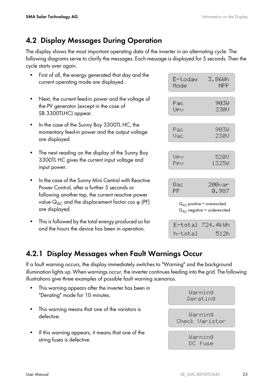 2 display messages during operation, 1 display messages when fault warnings occur, Display messages during operation | Display messages when fault warnings occur | SMA SUNNY BOY User Manual | Page 25 / 48