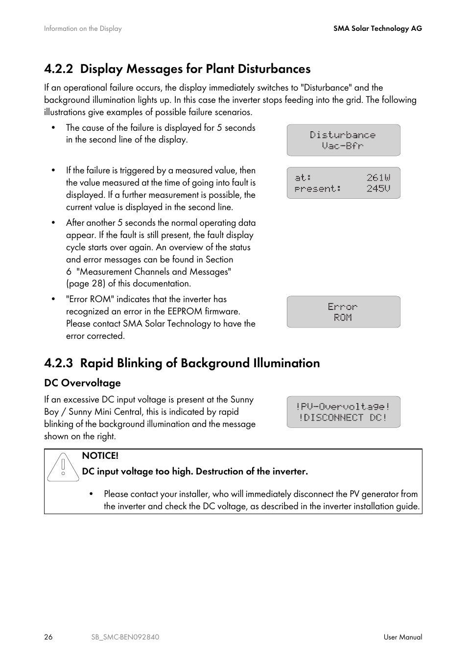 2 display messages for plant disturbances, 3 rapid blinking of background illumination, Display messages for plant disturbances | Rapid blinking of background illumination | SMA SUNNY BOY User Manual | Page 26 / 48