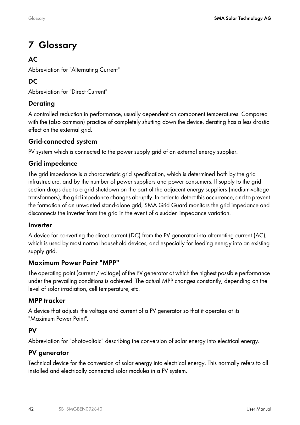 7 glossary, Glossary | SMA SUNNY BOY User Manual | Page 42 / 48