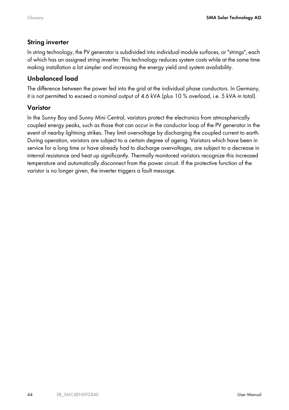 String inverter, Unbalanced load, Varistor | SMA SUNNY BOY User Manual | Page 44 / 48