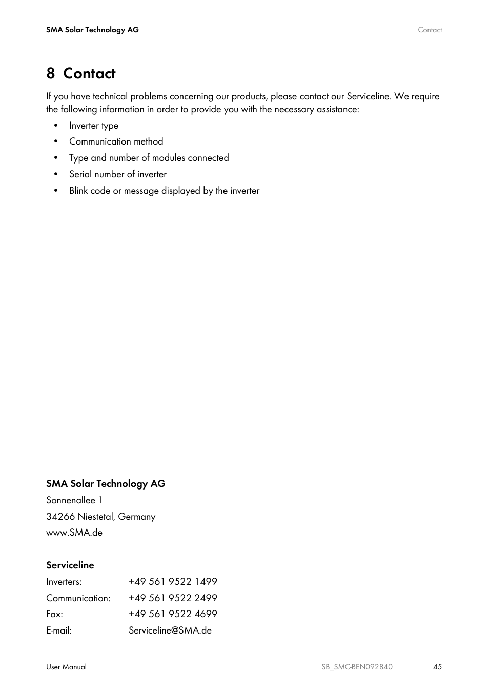 8 contact, Contact | SMA SUNNY BOY User Manual | Page 45 / 48