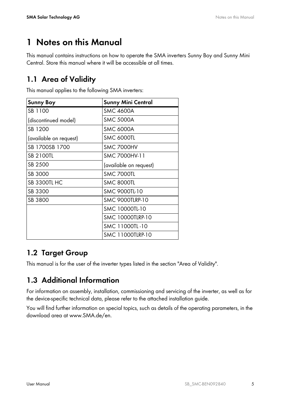 1 notes on this manual, 1 area of validity, 2 target group | 3 additional information, Notes on this manual, Area of validity, Target group, Additional information | SMA SUNNY BOY User Manual | Page 5 / 48