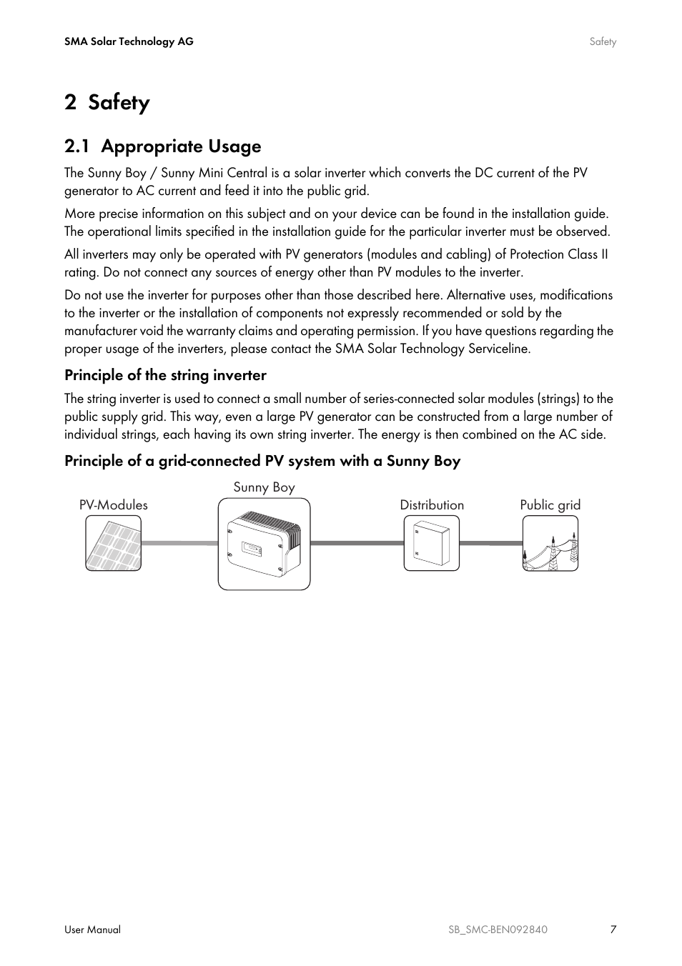2 safety, 1 appropriate usage, Safety | Appropriate usage | SMA SUNNY BOY User Manual | Page 7 / 48
