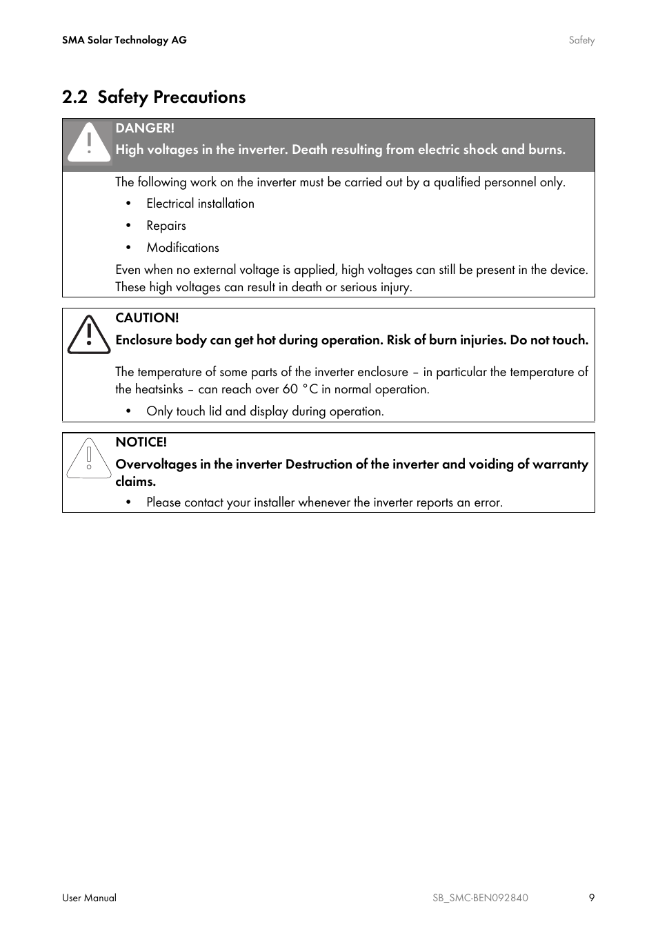 2 safety precautions, Safety precautions | SMA SUNNY BOY User Manual | Page 9 / 48