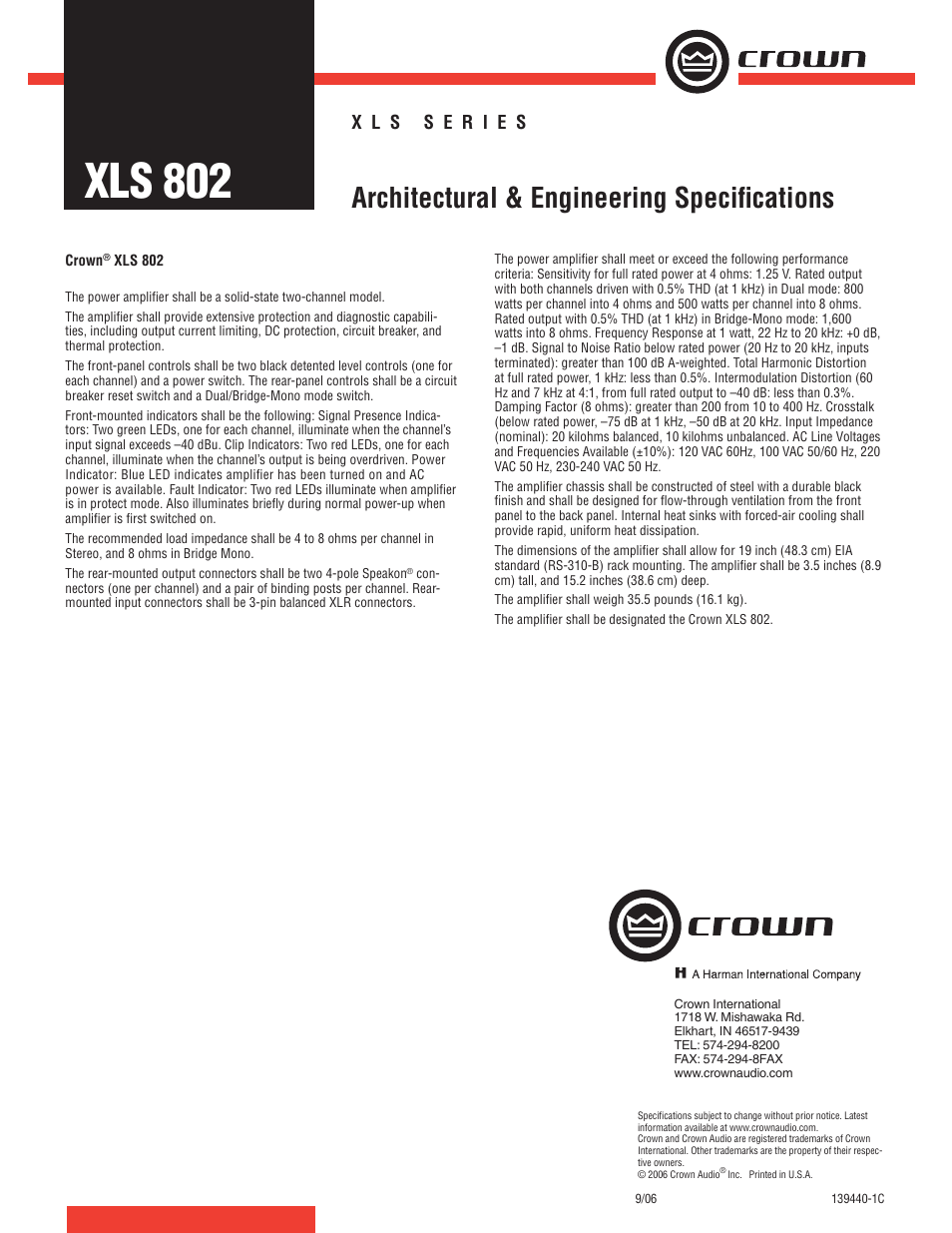 Crown Audio XLS-802 User Manual | 1 page