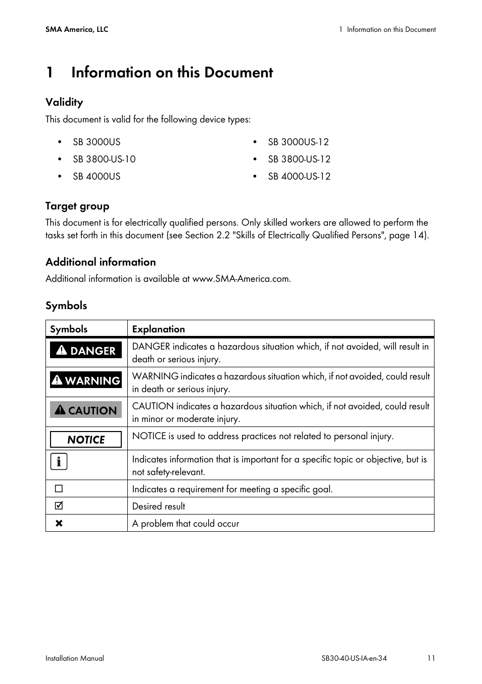 1 information on this document, Information on this document | SMA SB 3000-US User Manual | Page 11 / 100