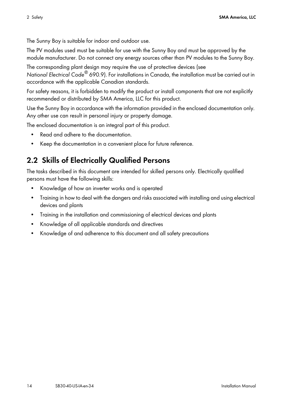 2 skills of electrically qualified persons, Skills of electrically qualified persons | SMA SB 3000-US User Manual | Page 14 / 100