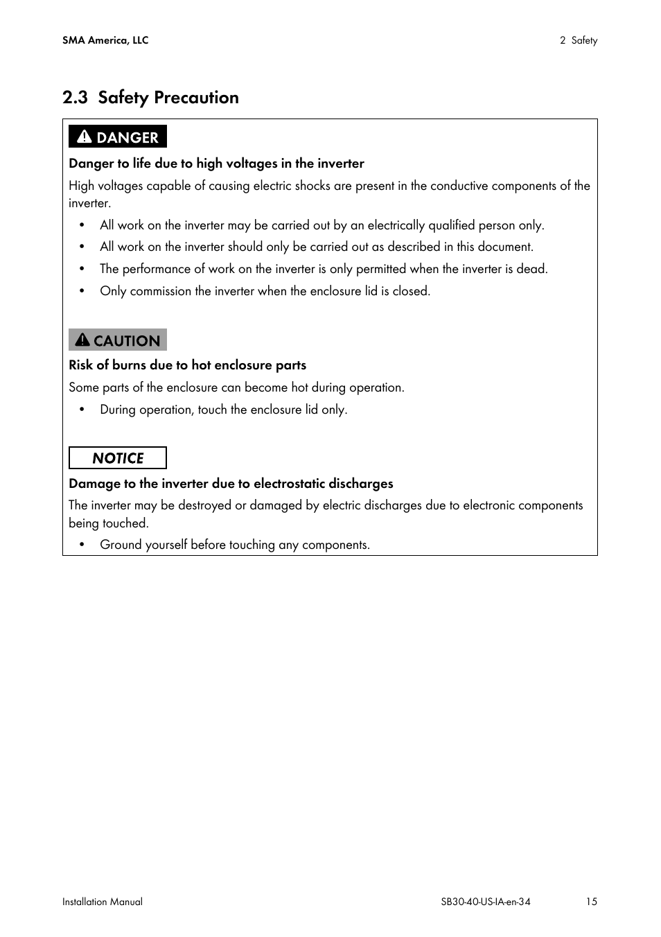 3 safety precaution, Safety precaution | SMA SB 3000-US User Manual | Page 15 / 100