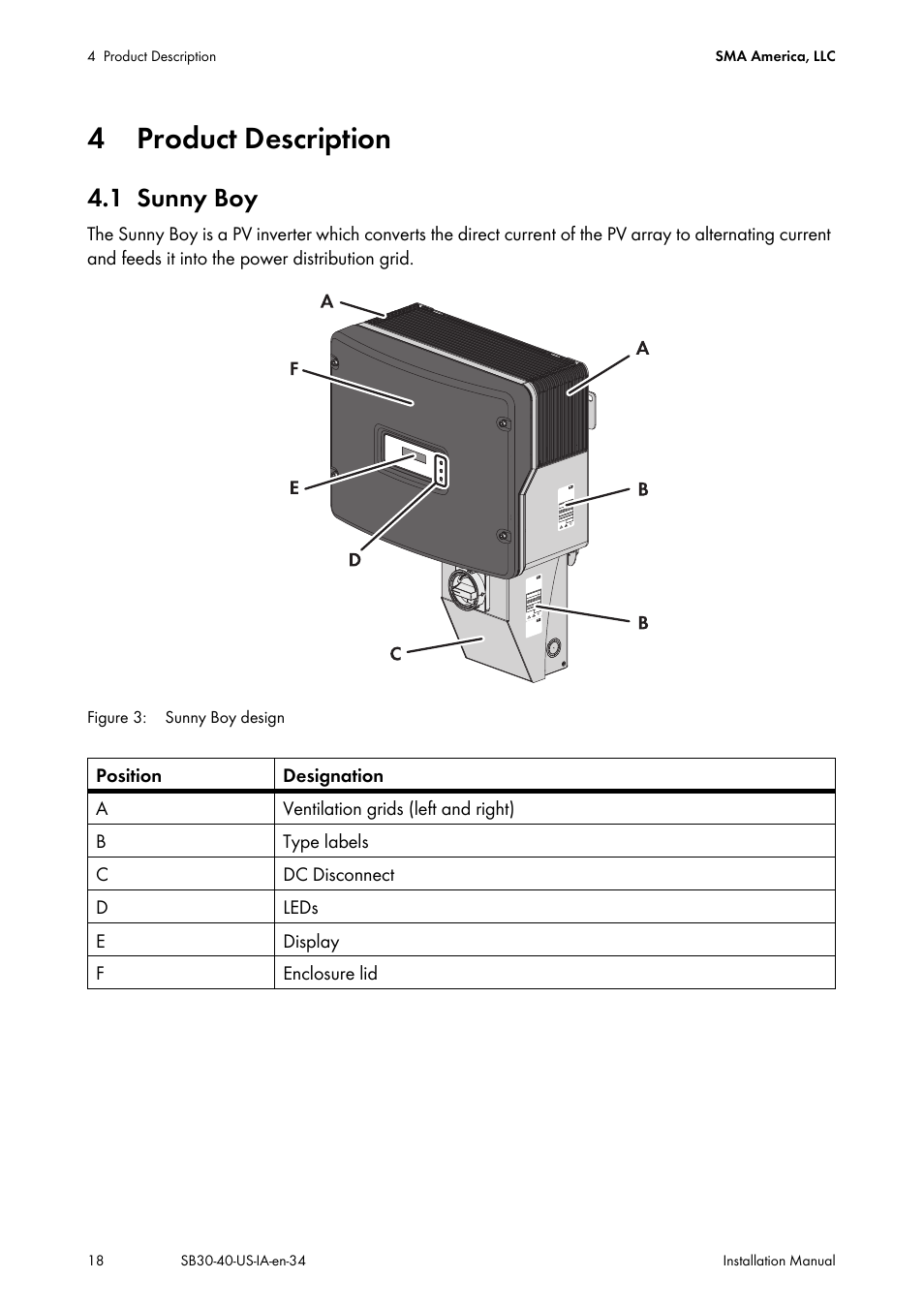 4 product description, 1 sunny boy, Product description | Sunny boy | SMA SB 3000-US User Manual | Page 18 / 100