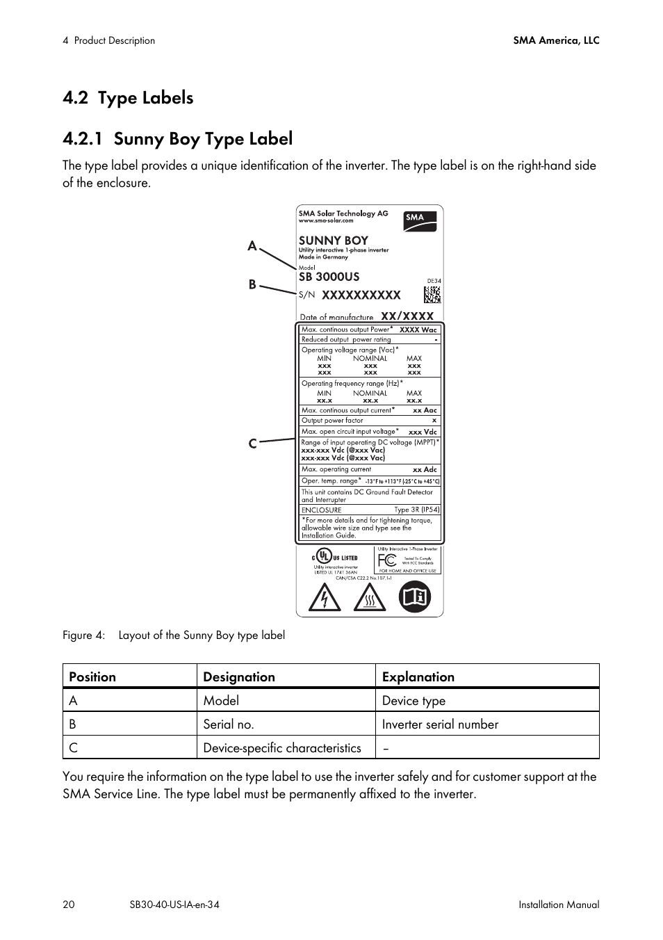 2 type labels, 1 sunny boy type label, Type labels | Sunny boy type label, 2 type labels 4.2.1 sunny boy type label | SMA SB 3000-US User Manual | Page 20 / 100