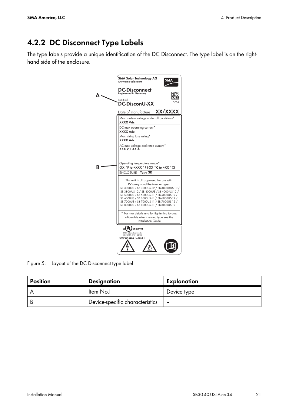 2 dc disconnect type labels, Dc disconnect type labels, Figure 5: layout of the dc disconnect type label | Dc-disconnect dc-disconu-xx | SMA SB 3000-US User Manual | Page 21 / 100