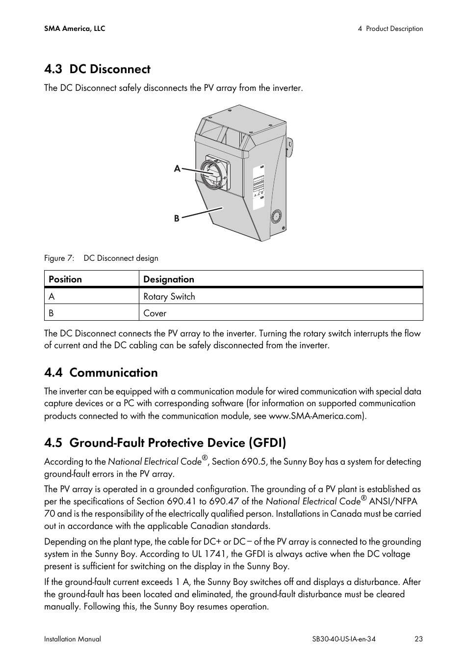 3 dc disconnect, 4 communication, 5 ground-fault protective device (gfdi) | Dc disconnect, Communication, Ground-fault protective device (gfdi) | SMA SB 3000-US User Manual | Page 23 / 100