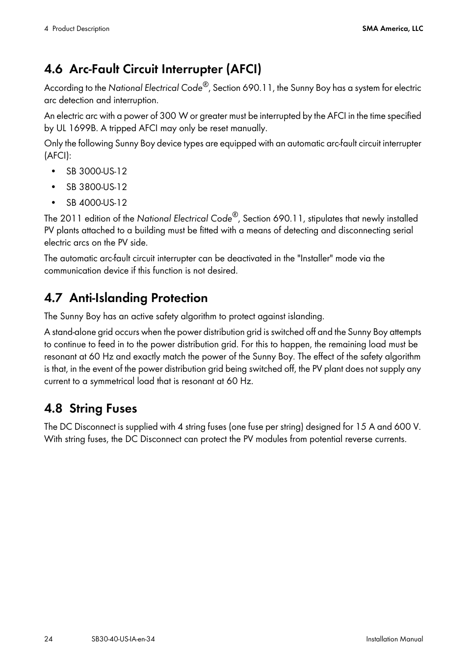 6 arc-fault circuit interrupter (afci), 7 anti-islanding protection, 8 string fuses | Arc-fault circuit interrupter (afci), Anti-islanding protection, String fuses | SMA SB 3000-US User Manual | Page 24 / 100