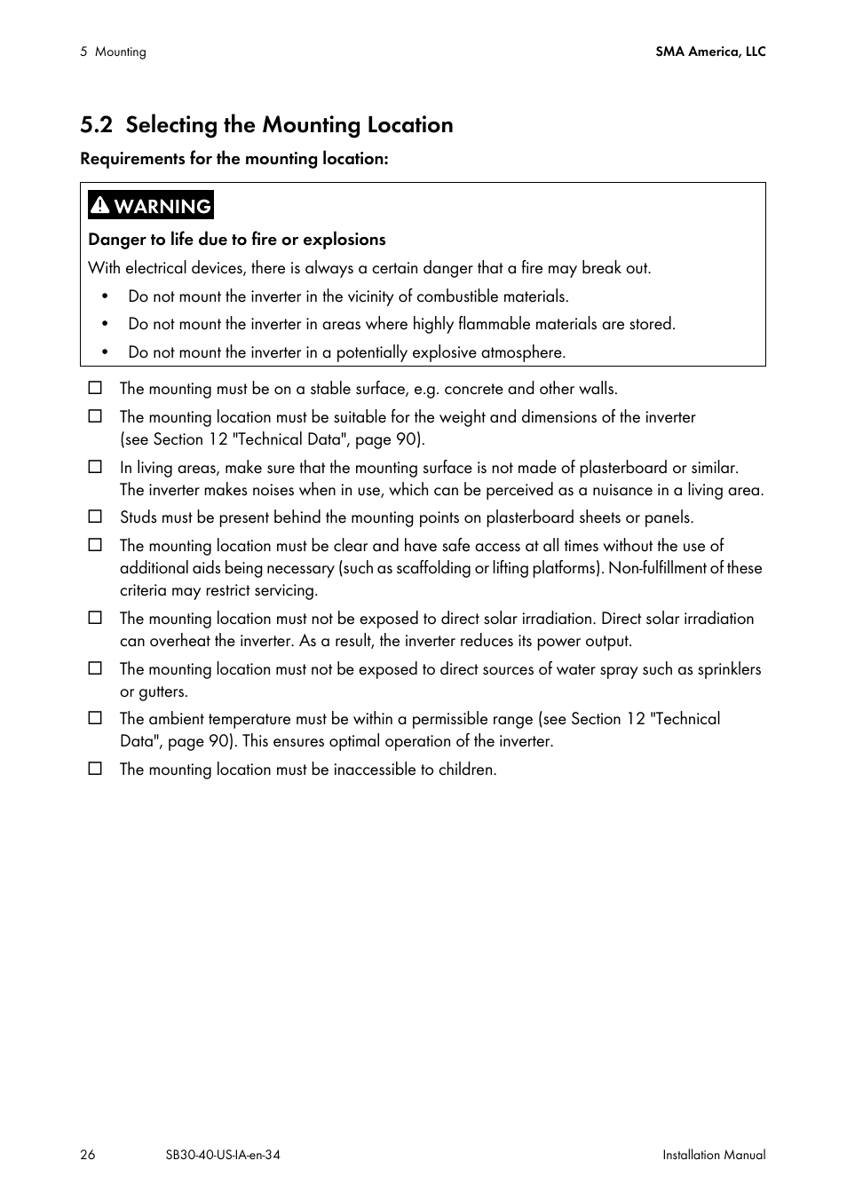 2 selecting the mounting location, Selecting the mounting location | SMA SB 3000-US User Manual | Page 26 / 100