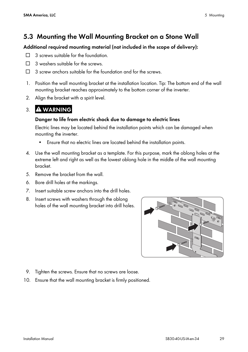 Mounting the wall mounting bracket on a stone wall | SMA SB 3000-US User Manual | Page 29 / 100