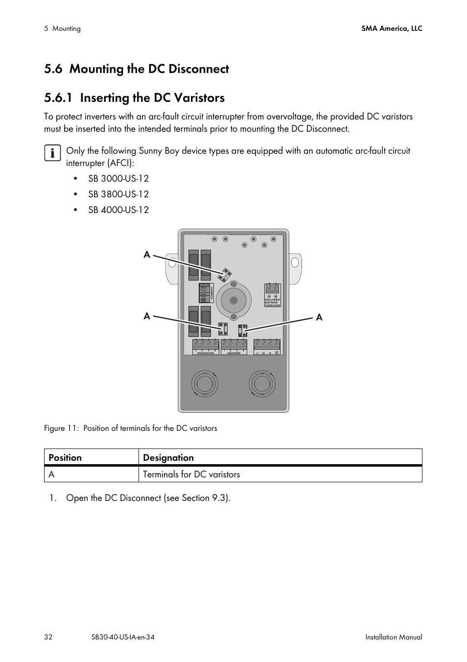 6 mounting the dc disconnect, 1 inserting the dc varistors, Mounting the dc disconnect | Inserting the dc varistors | SMA SB 3000-US User Manual | Page 32 / 100