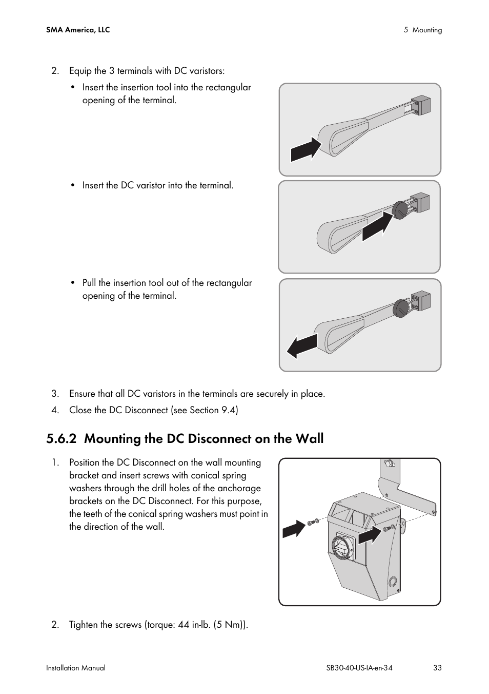 2 mounting the dc disconnect on the wall, Mounting the dc disconnect on the wall | SMA SB 3000-US User Manual | Page 33 / 100