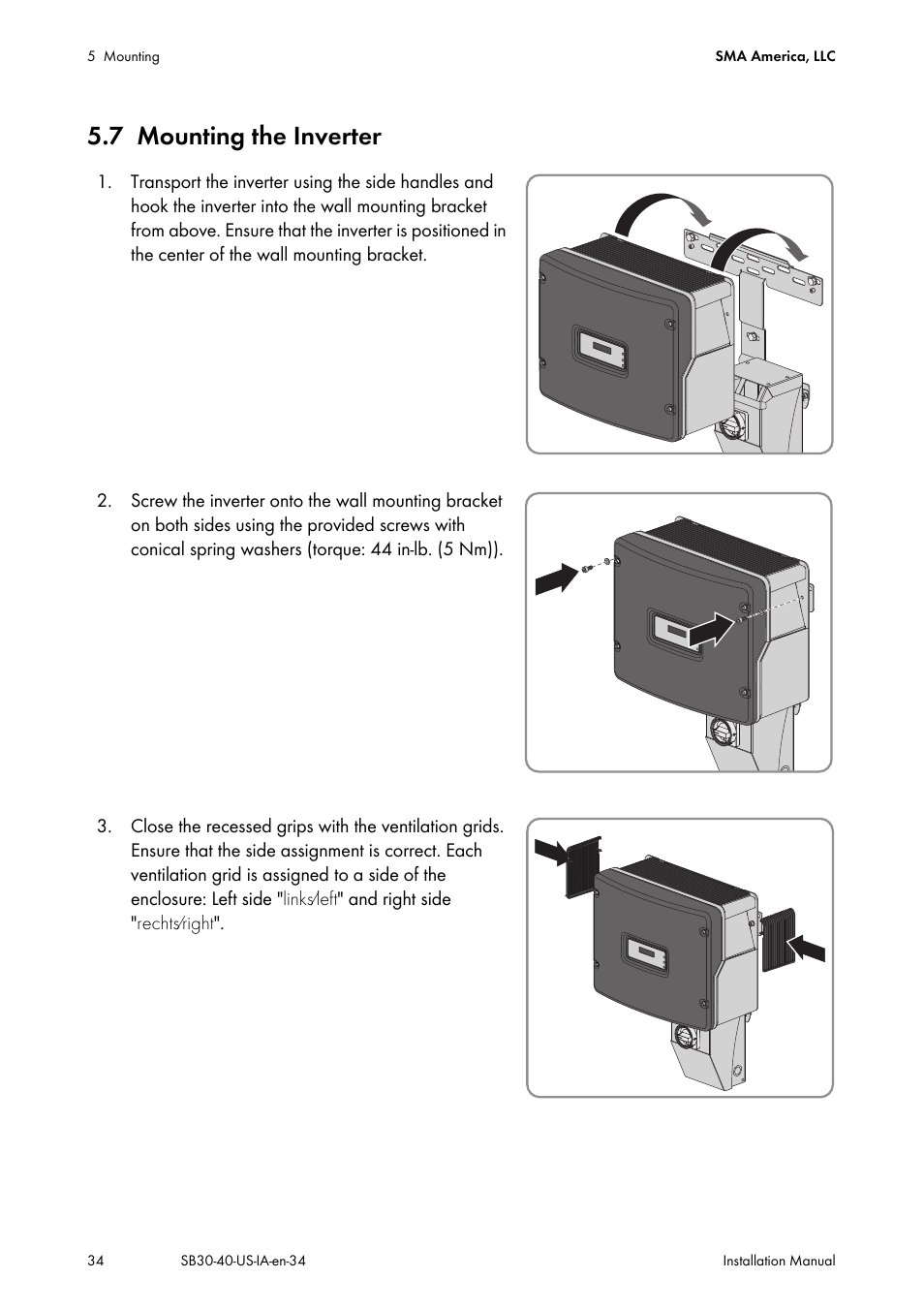 7 mounting the inverter, Mounting the inverter | SMA SB 3000-US User Manual | Page 34 / 100