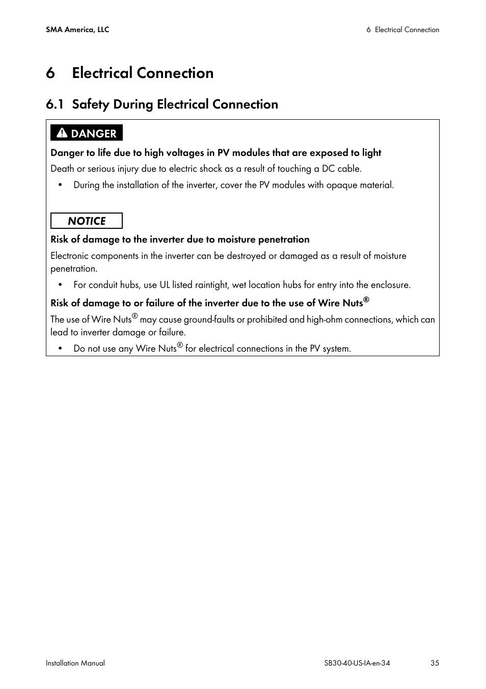 6 electrical connection, 1 safety during electrical connection, Electrical connection | Safety during electrical connection | SMA SB 3000-US User Manual | Page 35 / 100