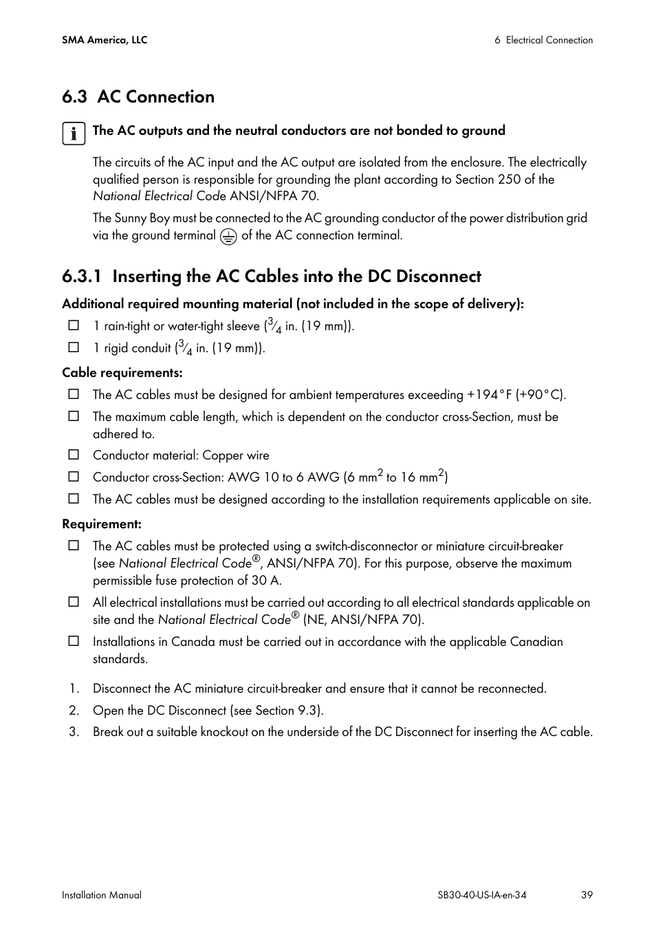 3 ac connection, 1 inserting the ac cables into the dc disconnect, Ac connection | Inserting the ac cables into the dc disconnect | SMA SB 3000-US User Manual | Page 39 / 100